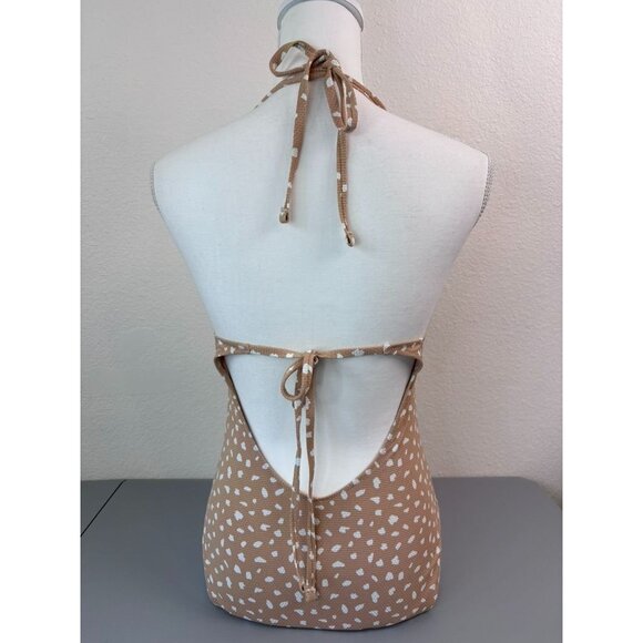 Aerie women's medium‎ tan white dot one piece full coverage swimsuit halter tie - Picture 4 of 8